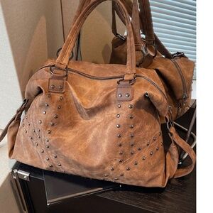 Luxe Camel Studded Vegan Leather Zip up Large Shoulder Bag